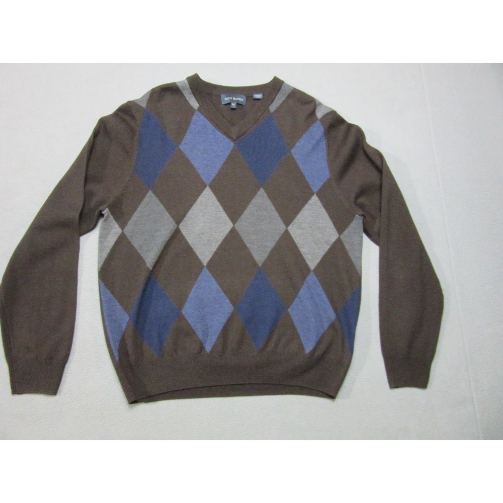 Merino Wool Sweater Mens Medium Brown Argyle Scott Barber Long Sleeve Designer